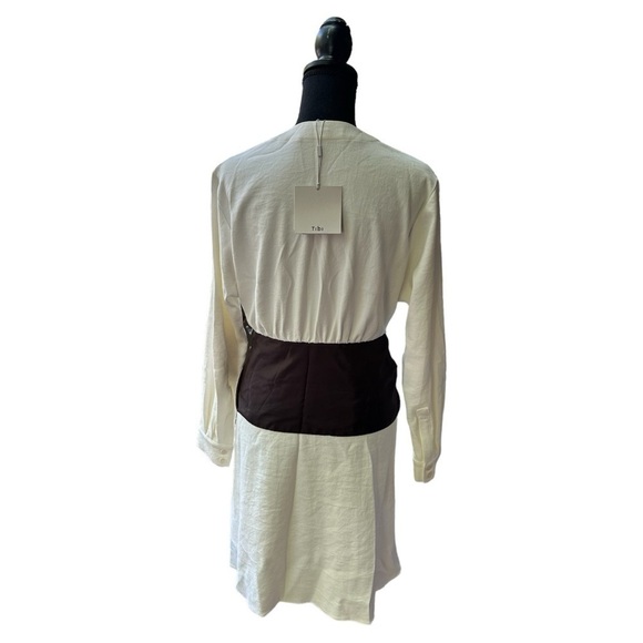 New With Tags TIBI Ivory Stretch Faux Wrap Dress Long Sleeve Black Belt - Picture 3 of 8